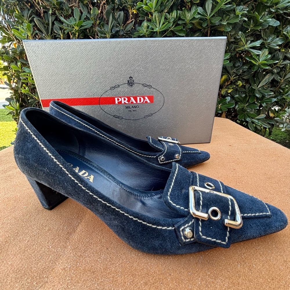 Prada Women's Dark Blue Heels with Buckle